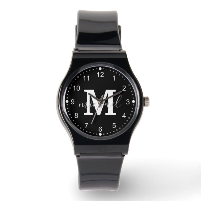Zwart-wit monogram gepersonaliseerde mannen horloge (Voorkant)