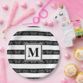 Zwart wit monogram gestript design papieren bordje (Feest)