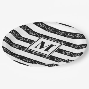 Zwart wit monogram gestript design papieren bordje