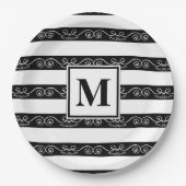 Zwart wit monogram gestript design papieren bordje (Voorkant)