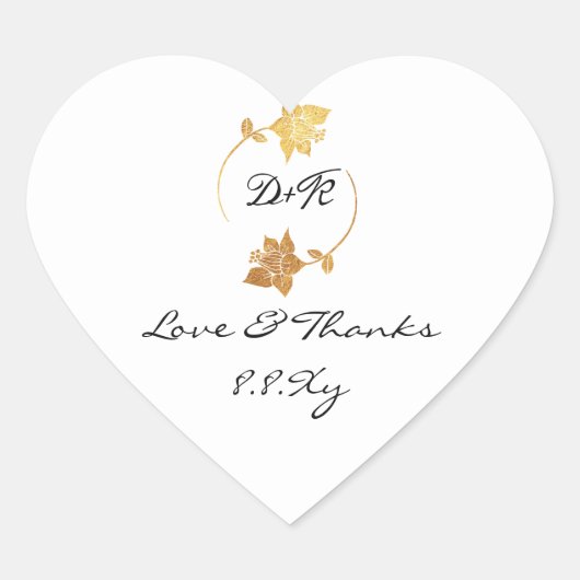 Zwart Wit Monogram Goud Bloemen Liefde & Bedankt Hart Sticker (Voorkant)