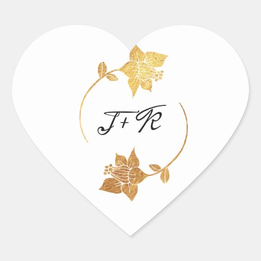 Zwart Wit Monogram Gouden Bloemen Initiaal Elegant Hart Sticker (Voorkant)