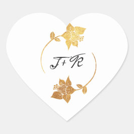 Zwart Wit Monogram Gouden Bloemen Initiaal Elegant Hart Sticker