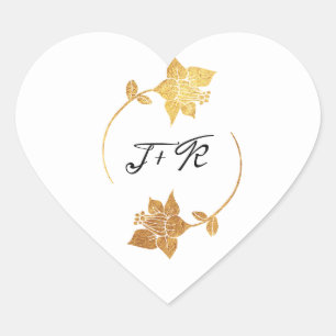 Zwart Wit Monogram Gouden Bloemen Initiaal Elegant Hart Sticker