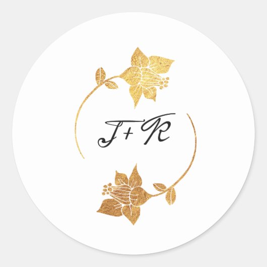 Zwart Wit Monogram Gouden Bloemen Initiaal Krans Ronde Sticker (Voorkant)
