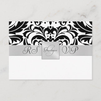 Zwart-wit monogram Halve Damask RSVP Uitnodiging
