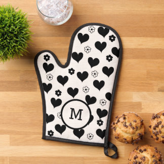 Zwart-wit monogram harten bloemen patroon ovenwant