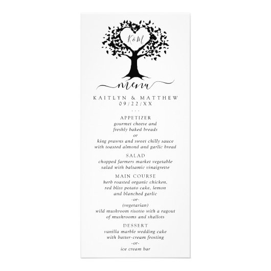 Zwart-wit monogram Heart Tree Wedding Menu (Voorkant)