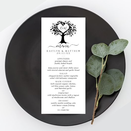 Zwart-wit monogram Heart Tree Wedding Menu