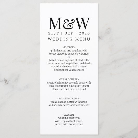 Zwart Wit Monogram Huwelijk Menu (Voorkant)