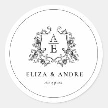 Zwart & Wit Monogram Huwelijk Ronde Sticker