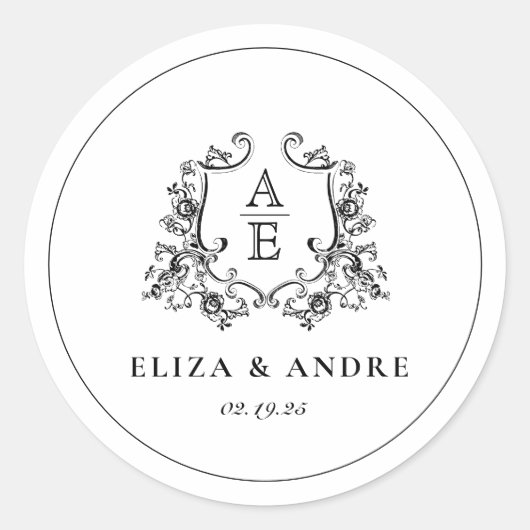 Zwart & Wit Monogram Huwelijk Ronde Sticker (Voorkant)