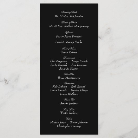 Zwart-wit monogram huwelijksceremonie programmakaart (Achterkant)