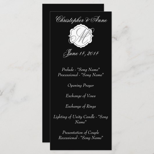 Zwart-wit monogram huwelijksceremonie programmakaart (Voorkant / Achterkant)
