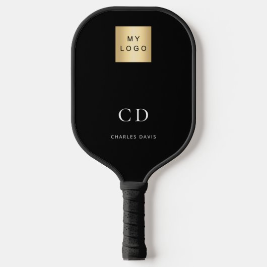 Zwart wit monogram initiaal naam bedrijf logo pickleball paddle (Voorkant)