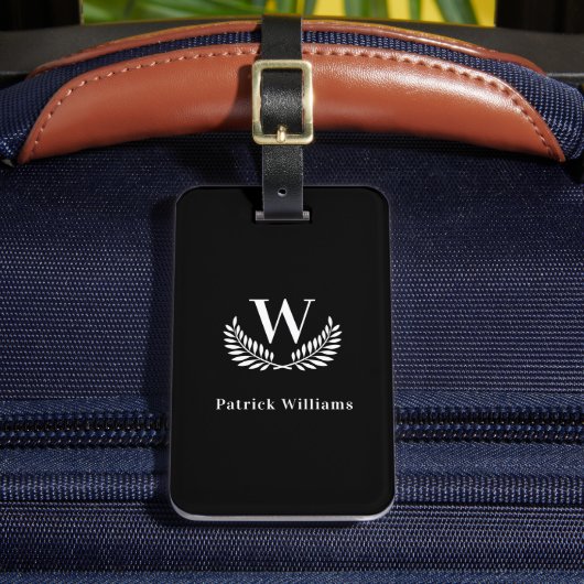 Zwart wit monogram initiaal naam klassiek bagagelabel (Voorkant Insitu 2)