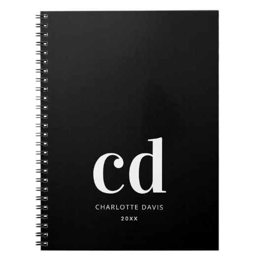 Zwart wit monogram initialen elegant minimalistisc notitieboek (Voorkant)
