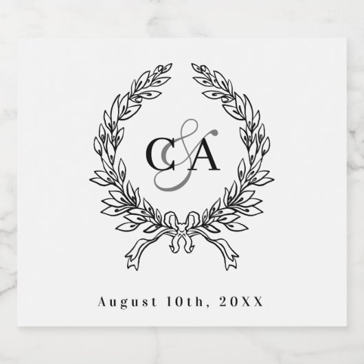 Zwart wit monogram initialen krans bruiloft sparkling wijnetiket (Enkel label)