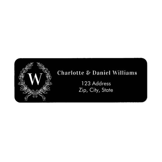 Zwart wit monogram initialen krans retouradres etiket (Voorkant)