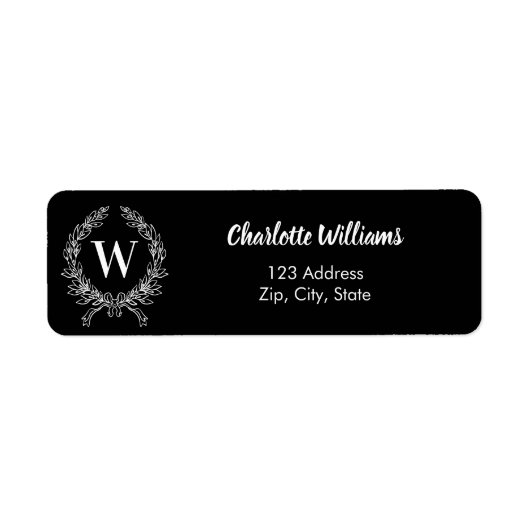 Zwart wit monogram initialen krans retouradres etiket (Voorkant)
