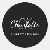 Zwart wit monogram initialen minimalistisch script ronde sticker (Voorkant)