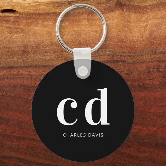 Zwart wit monogram initialen naam minimalistisch sleutelhanger (Voorkant)