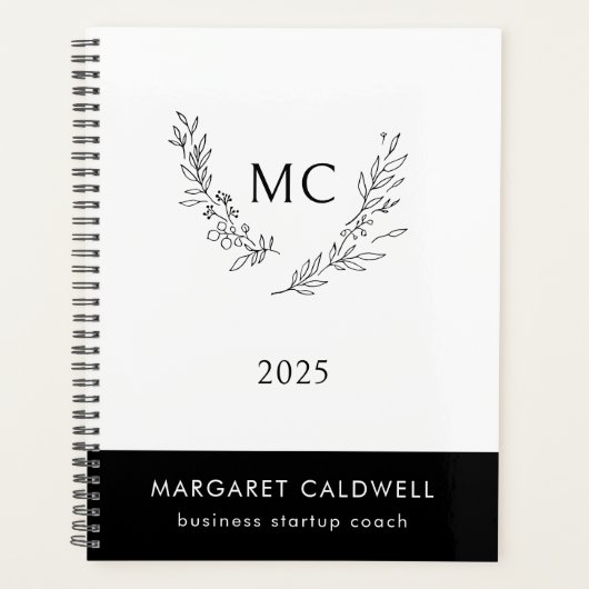 Zwart-wit Monogram Krans 2025 Planner (Voorkant)