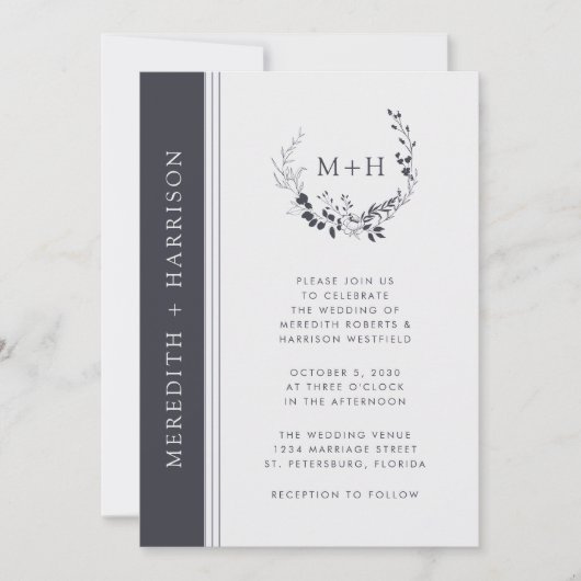 Zwart-wit monogram krans bruiloft kaart (Voorkant)