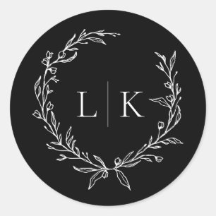 Zwart-wit monogram krans bruiloft ronde sticker