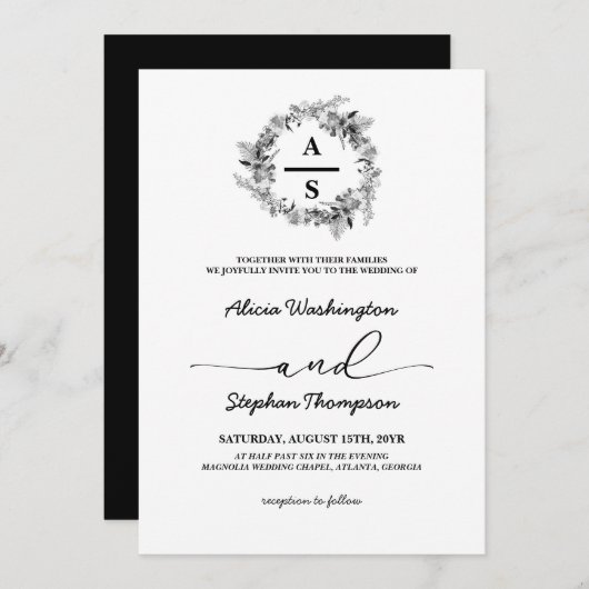 Zwart-wit monogram krans moderne bruiloft kaart (Voorkant / Achterkant)