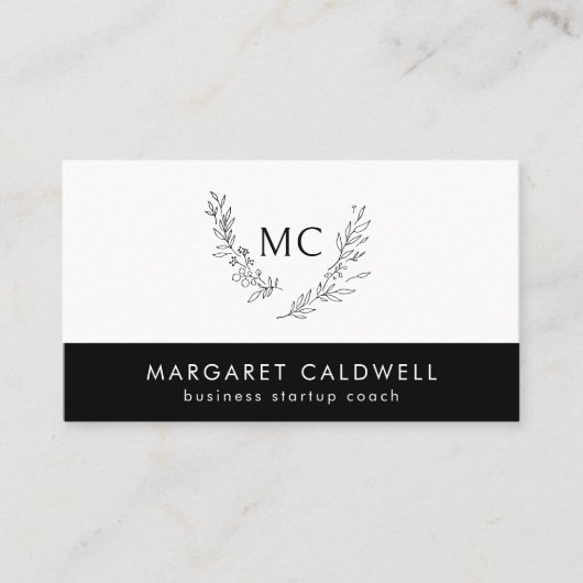 Zwart-wit monogram krans visitekaartje (Voorkant)