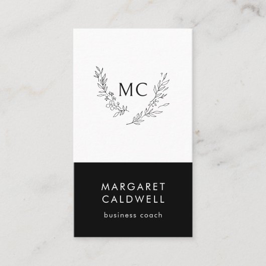 Zwart-wit monogram krans visitekaartje (Voorkant)