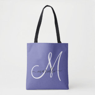 Zwart wit monogram Letter Script Name Periwinkle Tote Bag