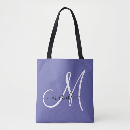 Zwart wit monogram Letter Script Name Periwinkle Tote Bag (Voorkant)