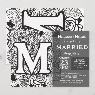 Zwart-Wit Monogram M Tattoo Bloemen Bruiloft Kaart