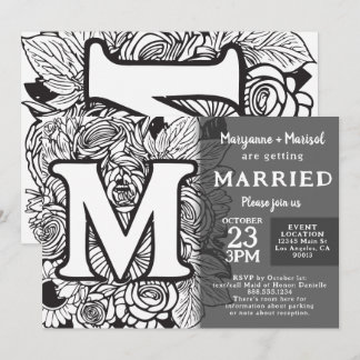 Zwart-Wit Monogram M Tattoo Bloemen Bruiloft Kaart