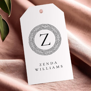 Zwart-wit monogram met Griekse sleutelpatroon Cadeaulabel