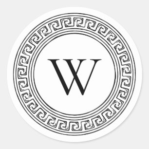 Zwart-wit monogram met Griekse sleutelpatroon Ronde Sticker