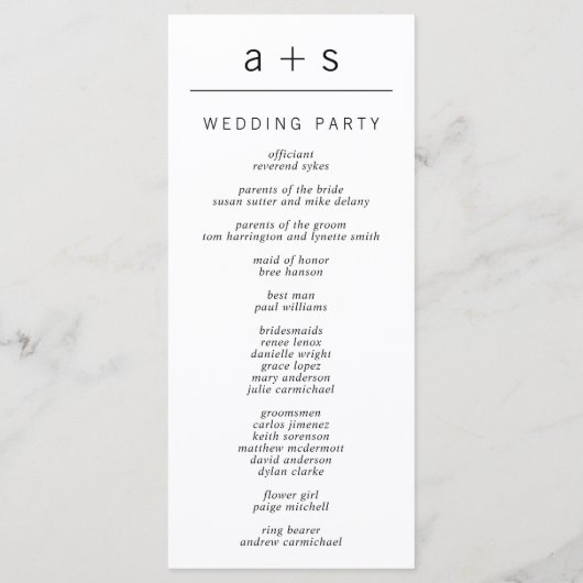 Zwart-wit monogram Modern minimalistisch huwelijk Programmakaart (Achterkant)