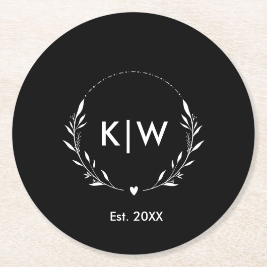 Zwart-Wit | Monogram moderne Initialen Ronde Kartonnen Onderzetter (Voorkant)