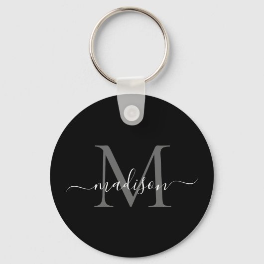 Zwart wit monogram naam Elegant modern script Sleutelhanger (Voorkant)