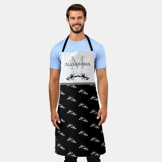 Zwart wit monogram Naam Lobster Pattern Schort (Gedragen)