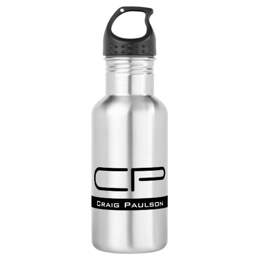Zwart Wit Monogram Naam Modern Eenvoudig Waterfles (Voorkant)