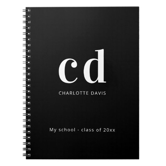 Zwart wit monogram naam modern minimalistisch notitieboek (Voorkant)