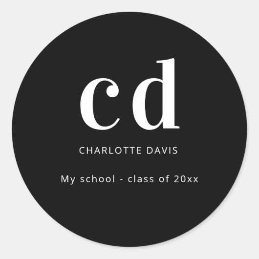 Zwart wit monogram naam modern minimalistisch ronde sticker (Voorkant)