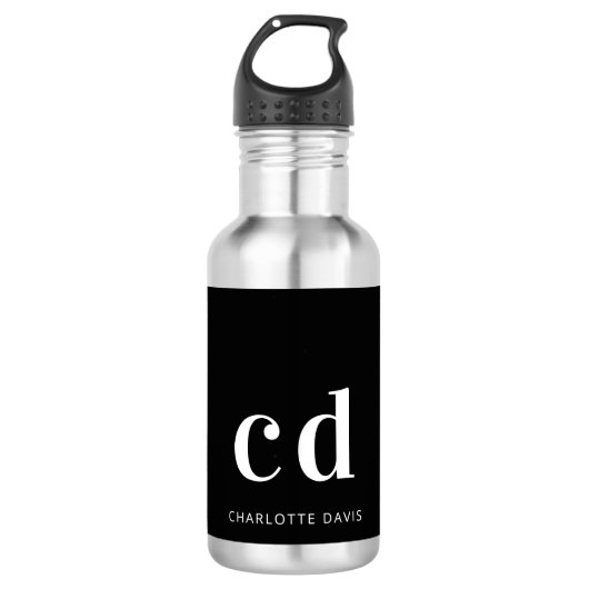 Zwart wit monogram naam modern minimalistisch waterfles (Voorkant)