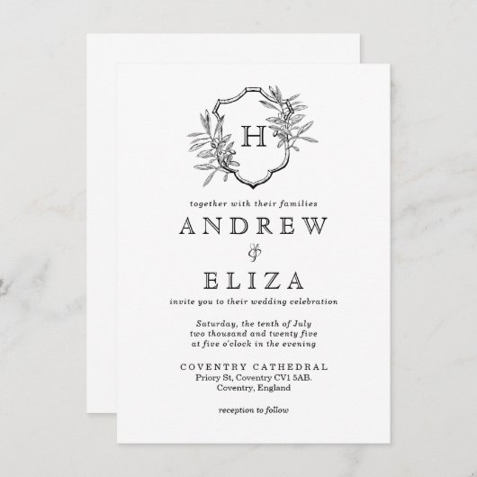 zwart & wit monogram olijven bruiloft kaart (Voorkant / Achterkant)