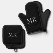 Zwart wit monogram ovenwant & pannenlap set (Voorkant / Achterkant)
