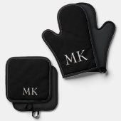 Zwart wit monogram ovenwant & pannenlap set (Voorkant / Achterkant)