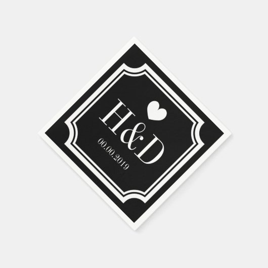 Zwart-wit monogram papieren servetten voor bruilof (Hoek)